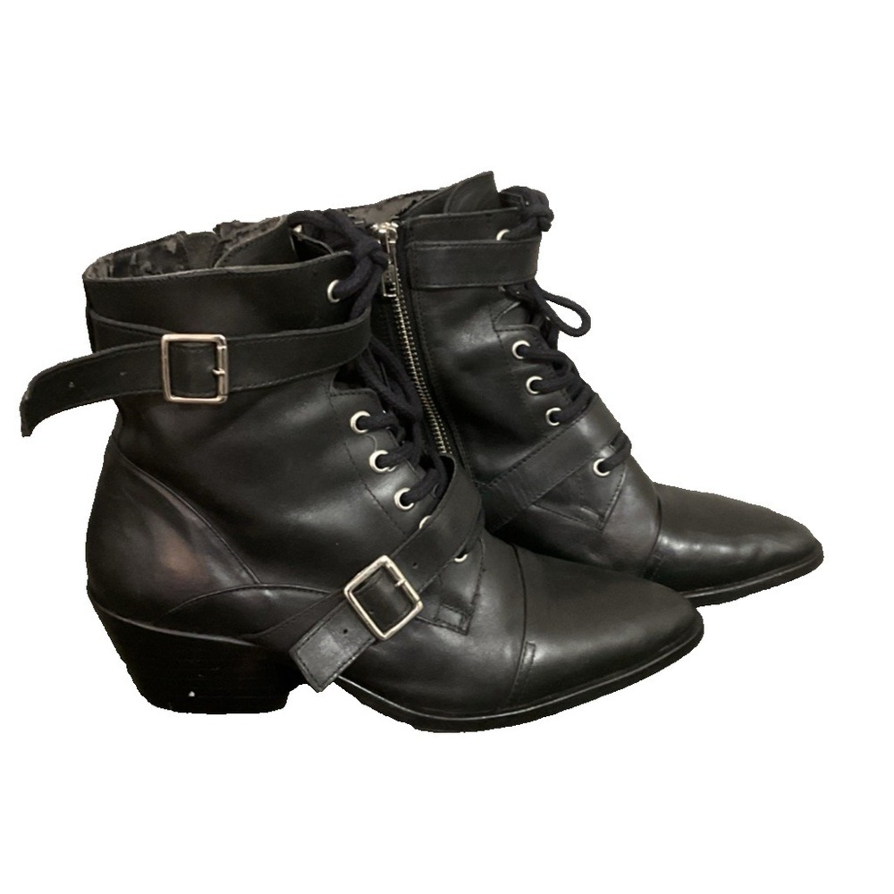Aldo Pointed Toe Dual Buckle Lace up Black Chunk Block Heel Ankle Boots Size 8.5